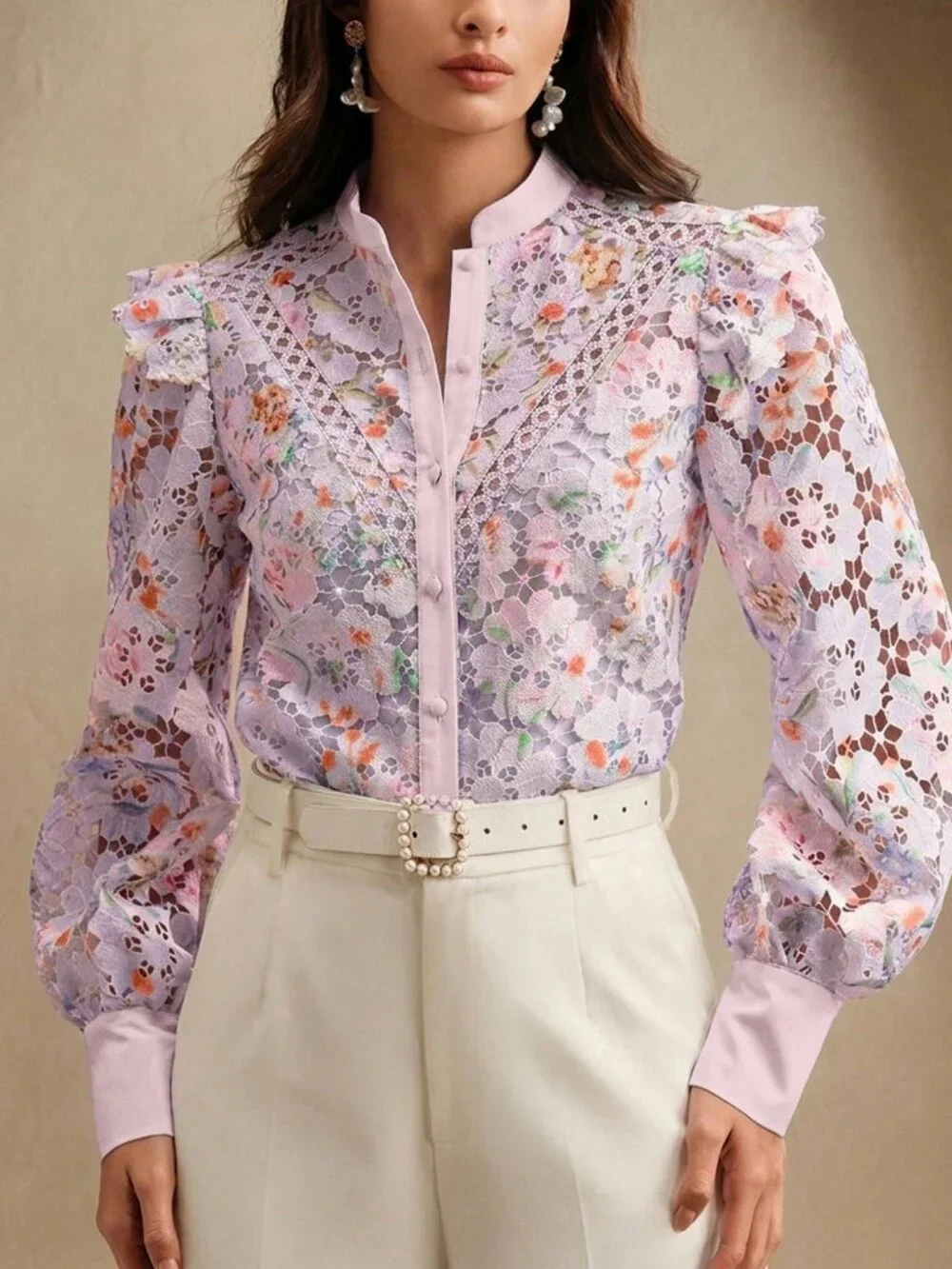 Purple Elegant Women's floral embroidered blouse - Picture 5 of 7